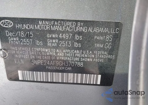 2016 Hyundai Sonata Se из США, поврежденный, VIN 5NPE24AF9GH370788